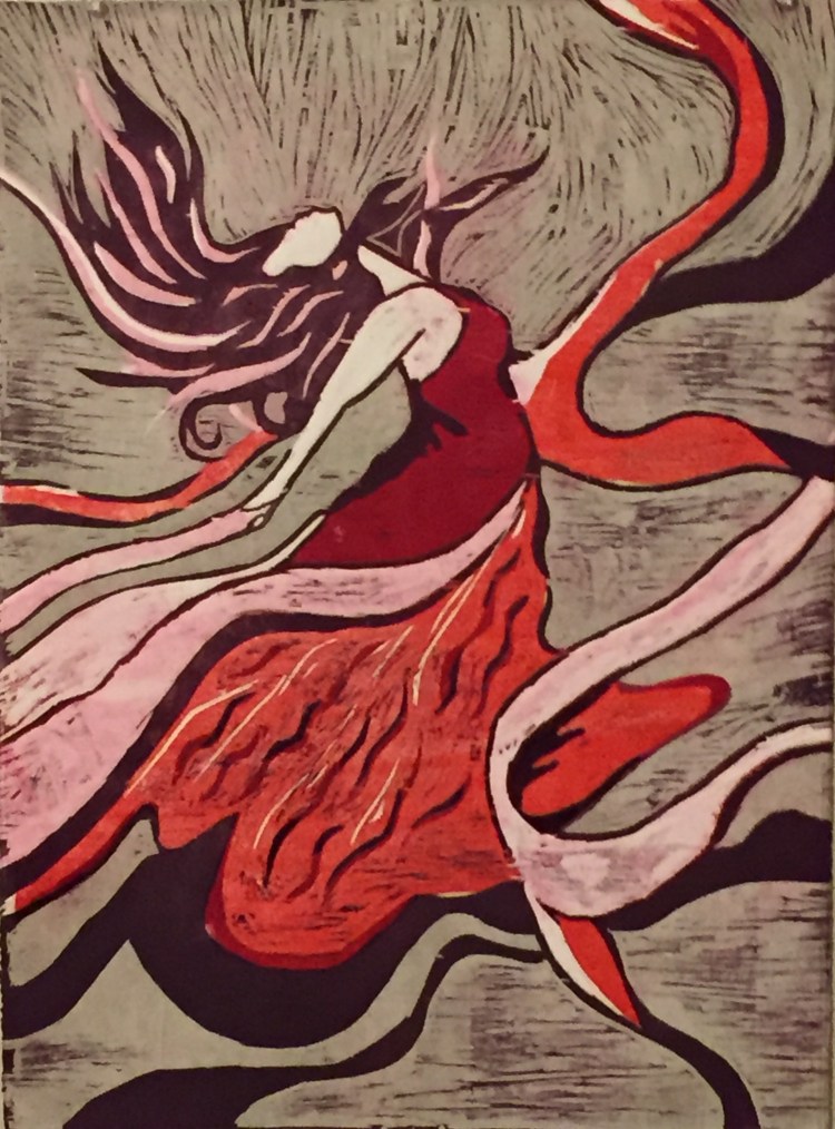 "Free Spirit", 19x14, woodcut relief print "Spirit", 19x14, woodcut relief print